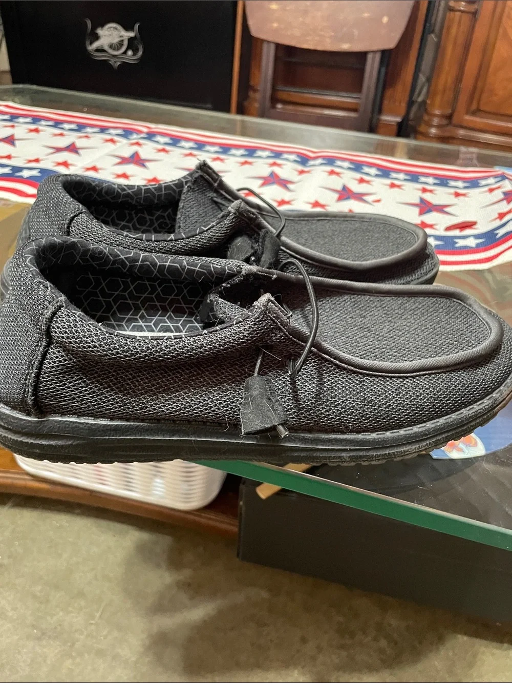 **Fairly worn** Hey Dude Black Knit Slip-On Loafers with Elastic Lacing